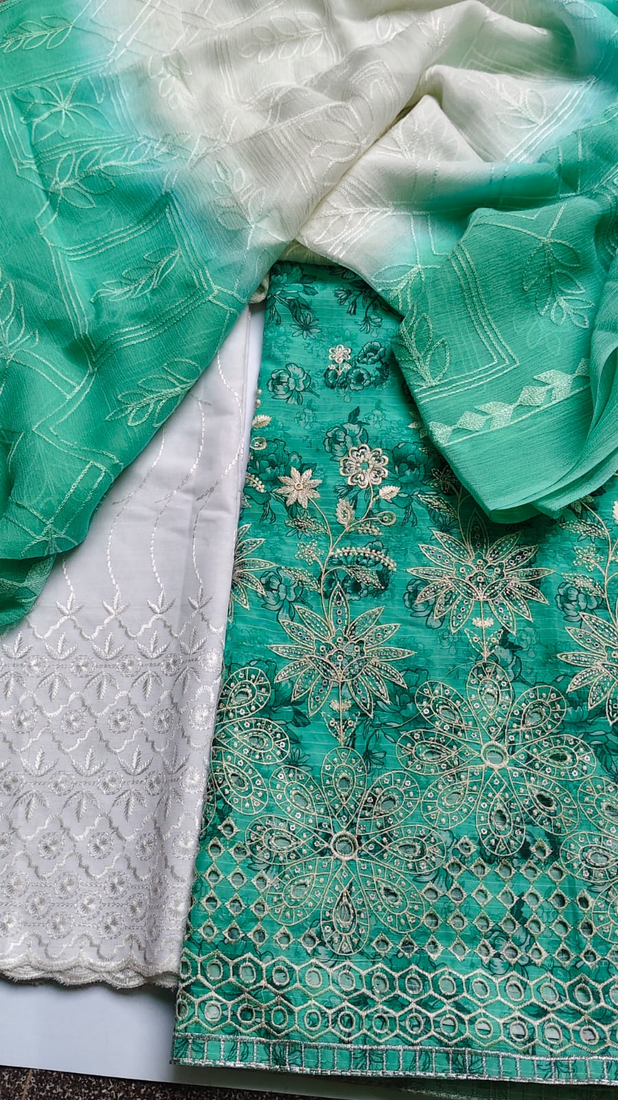 3 Piece Jade Green Chikankari Embroided Lawn