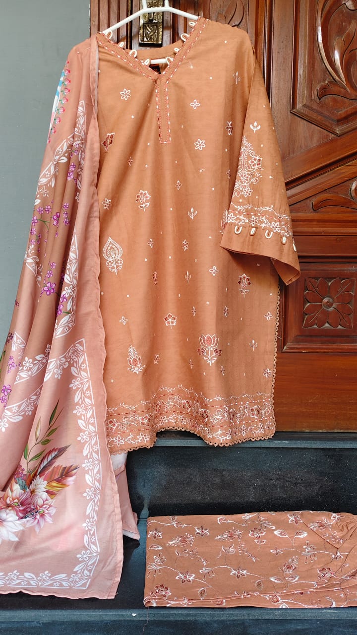 Almond Brown Embroidered Stitched Suit