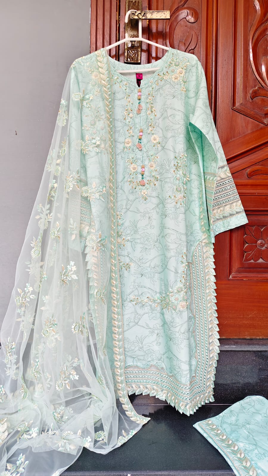 Aqua-Green Embroidered Stitched Suit