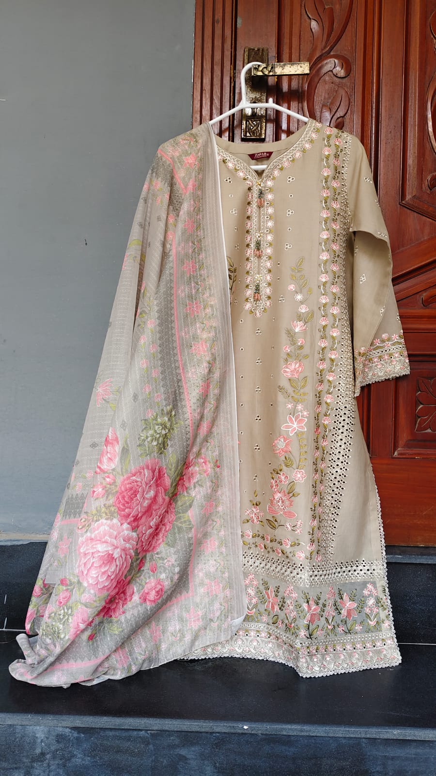Beige Embroidered Stitched Suit