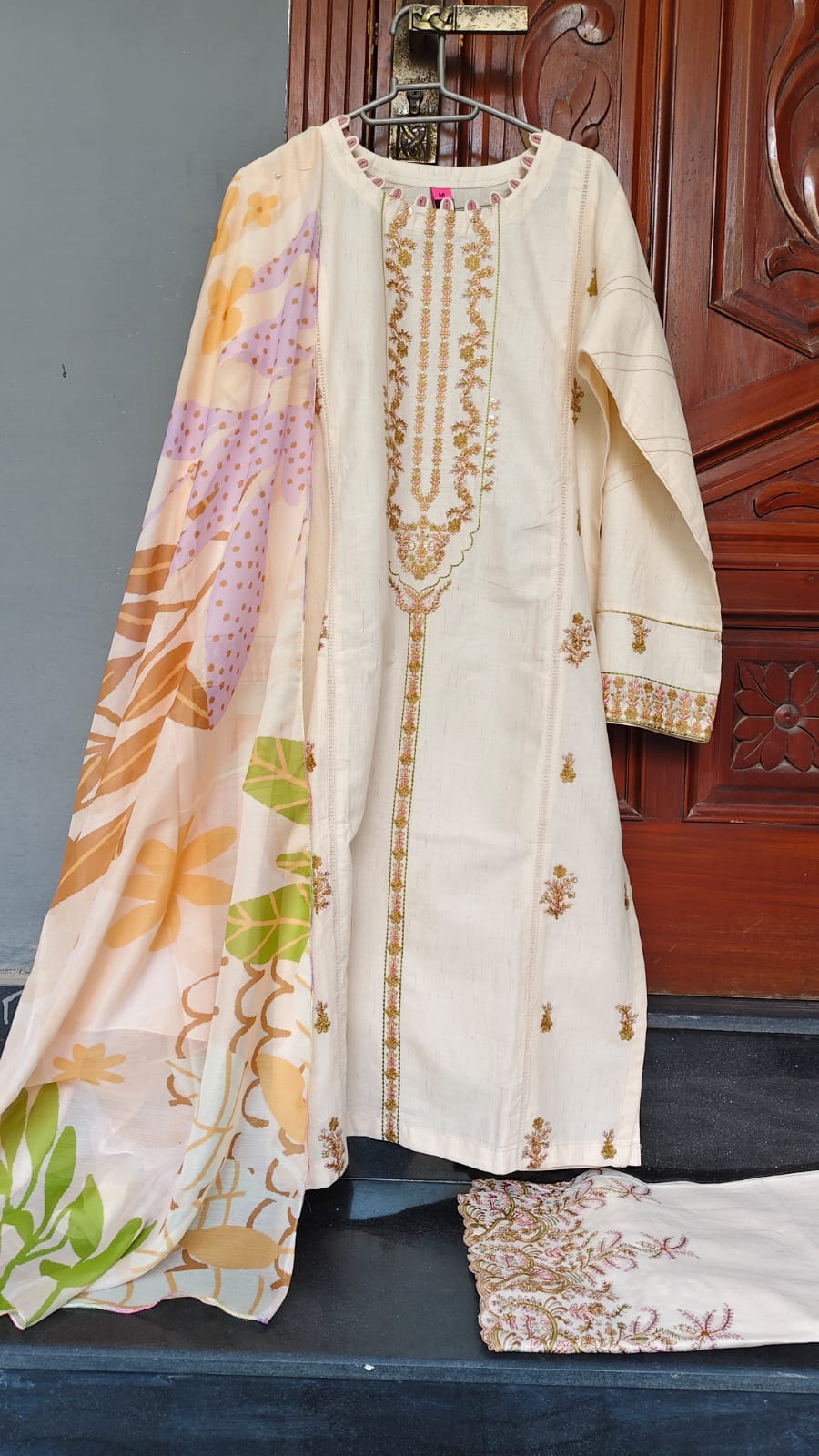 Ivory Beige Embroidered Stitched Suit