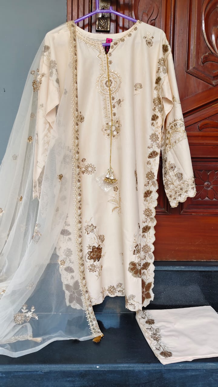 Nude Beige Embroidered Stitched Suit