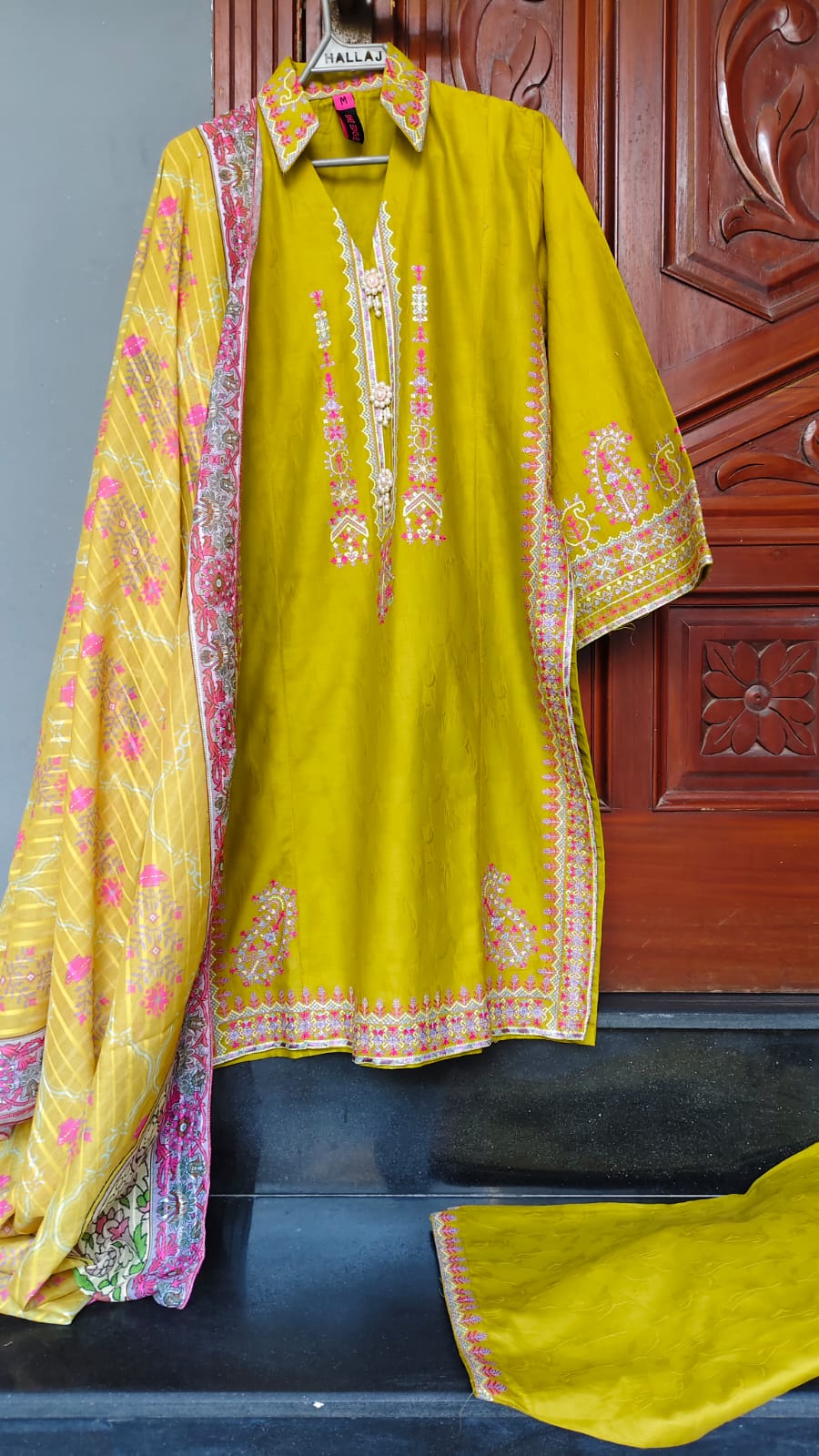 Olive Mustard Embroidered Stitched Suit