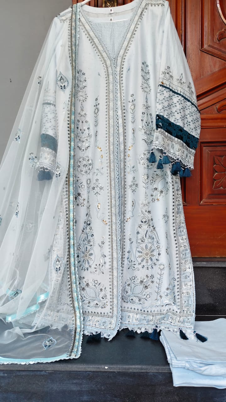 Pastel Blue Embroidered Stitched Suit