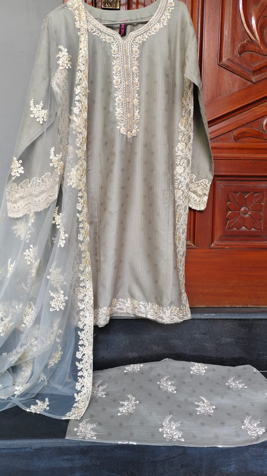 Steel Grey Embroidered Stitched Suit