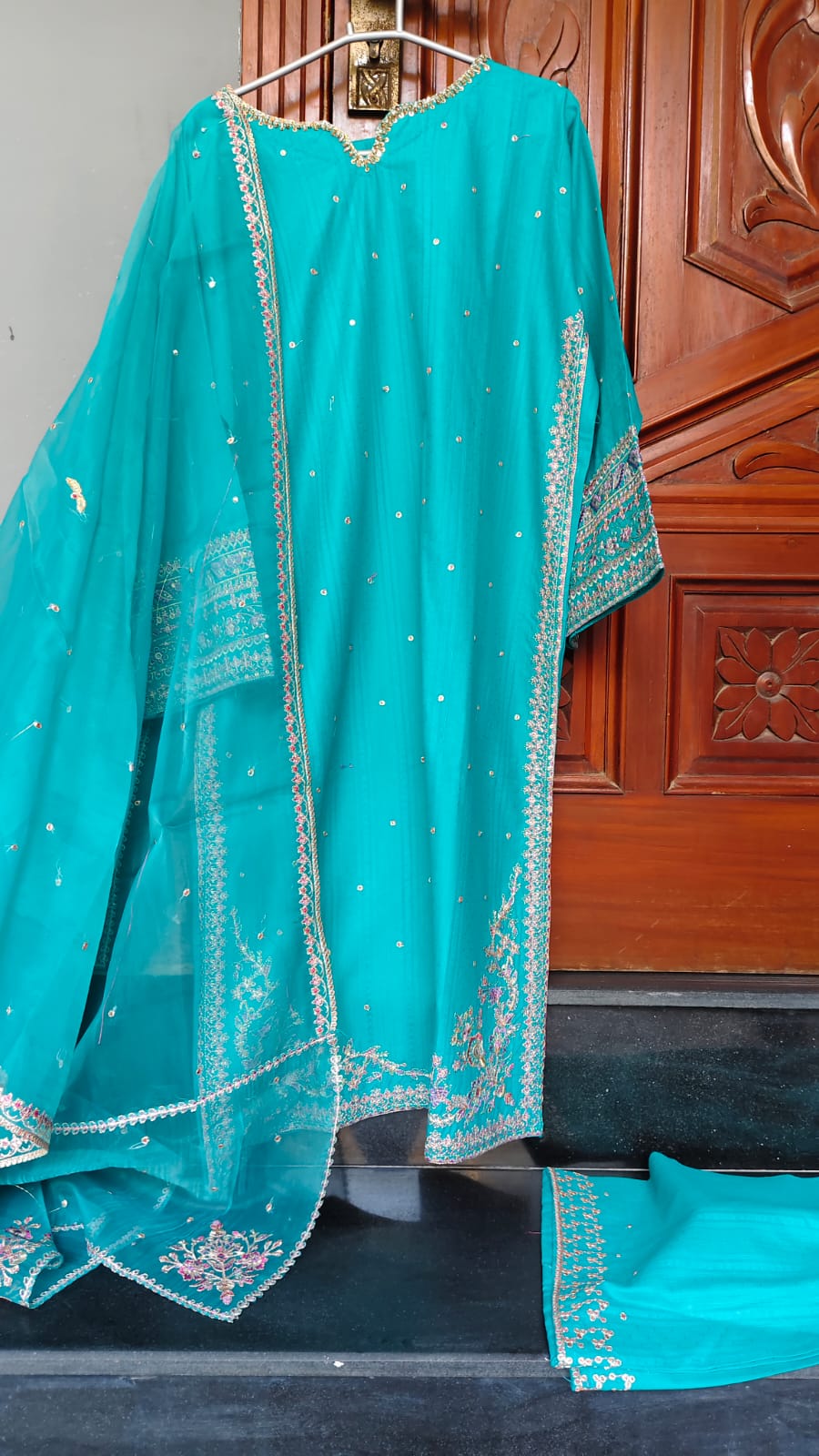Turquoise Blue Embroidered Stitched Suit
